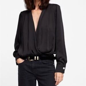 Zara Black Semi Sheer Long Sleeve Surplice Bodysuit